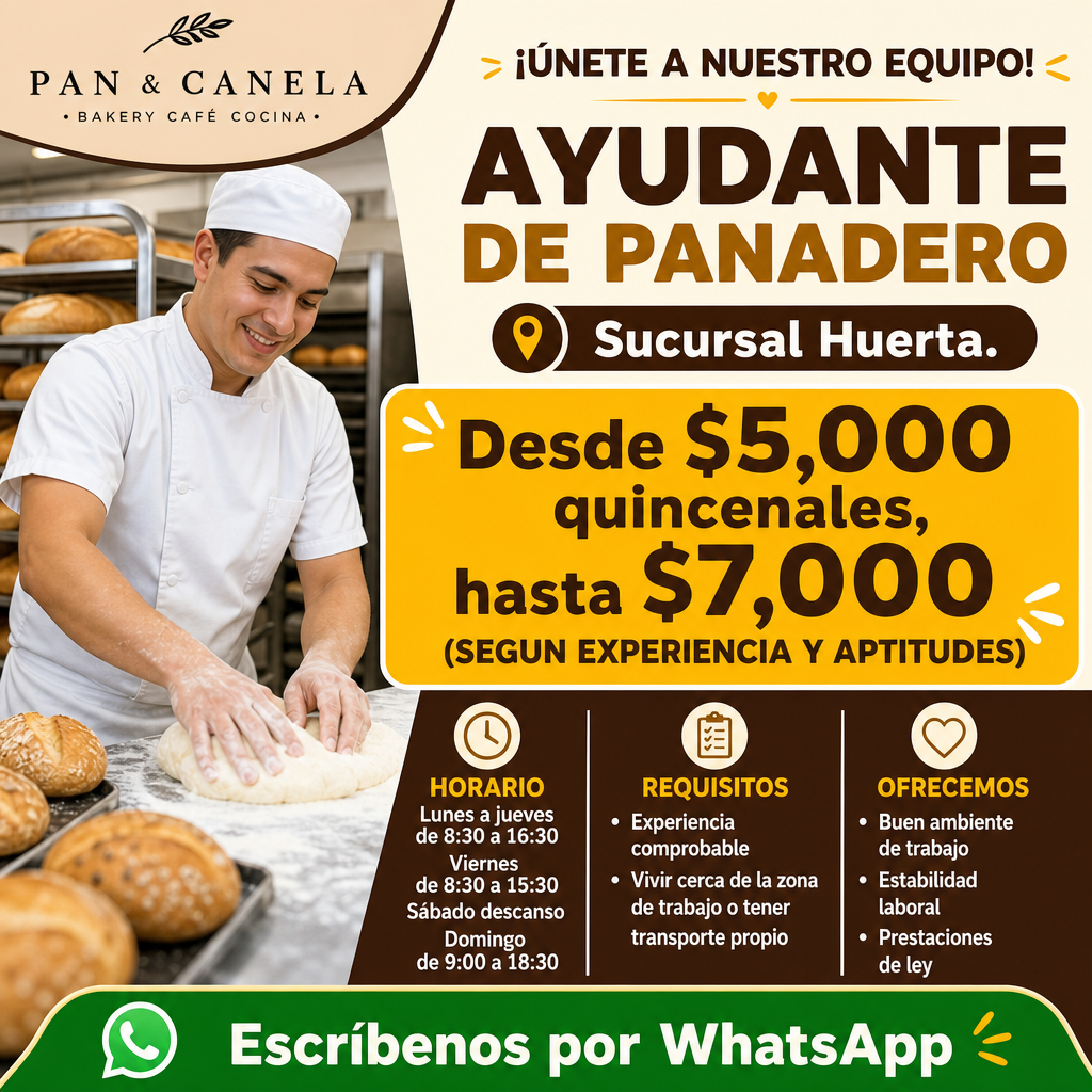 Vacante de AYUDANTE DE PANADERO en Huixquilucan