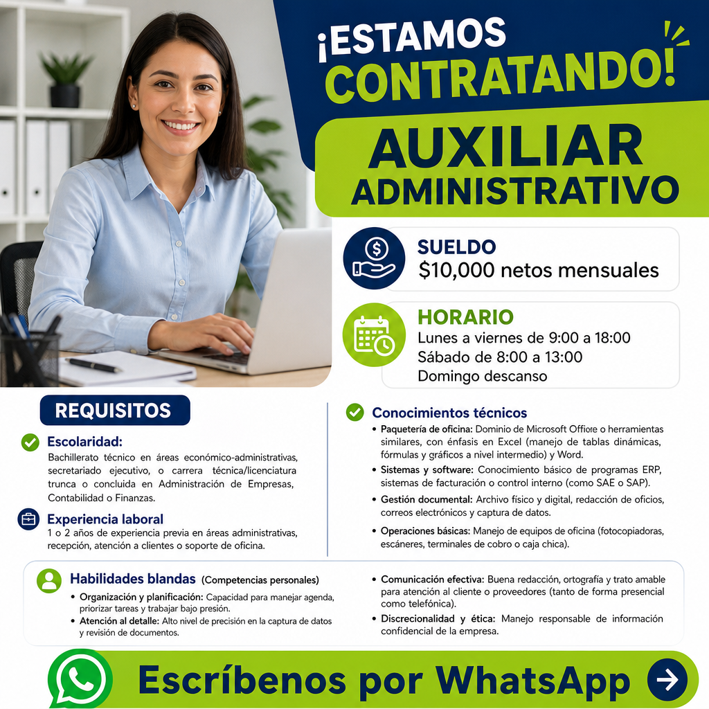 Vacante de Auxiliar Administrativo en Tláhuac