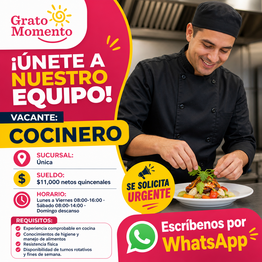 Vacante de Cocinero en Benito Juárez