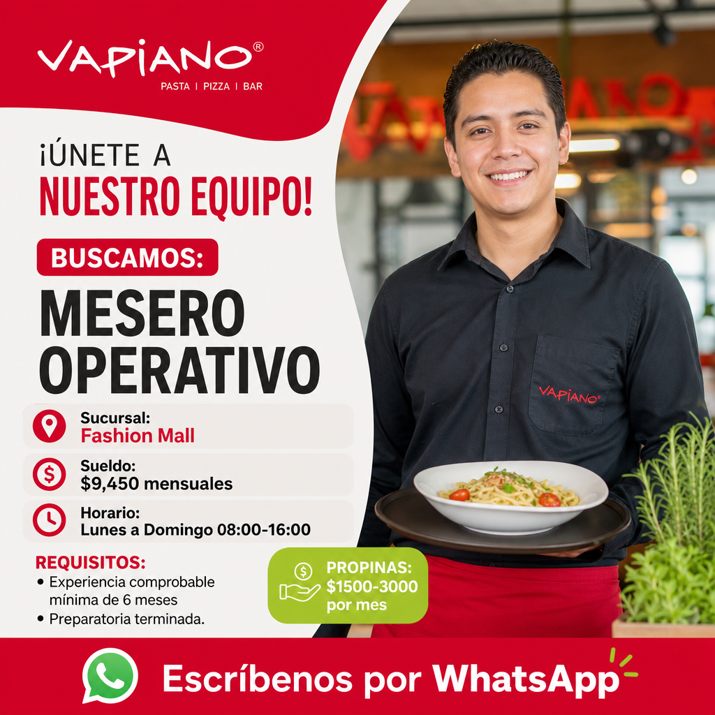 Vacante de Mesero operativo en Tlalnepantla de Baz