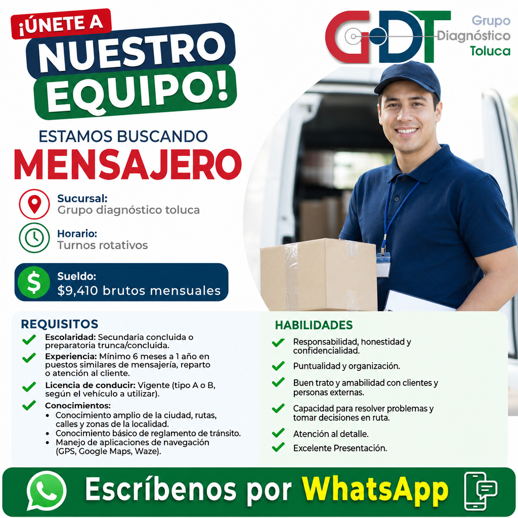 Vacante de MENSAJERO en Toluca