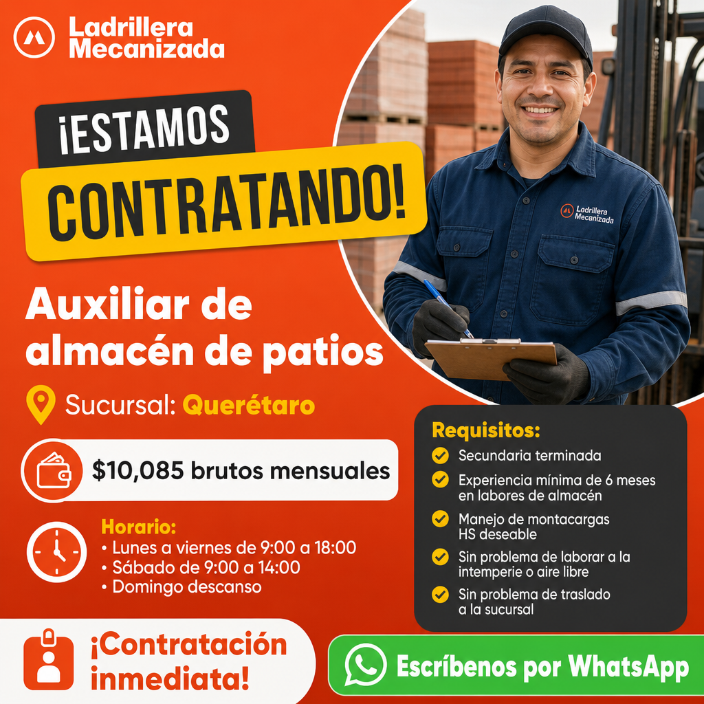 Vacante de Auxiliar de almacén de patios en Querétaro
