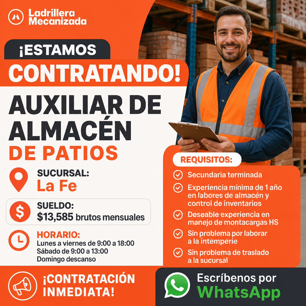 Vacante de Auxiliar de almacén de patios en San Nicolás de Los Garza
