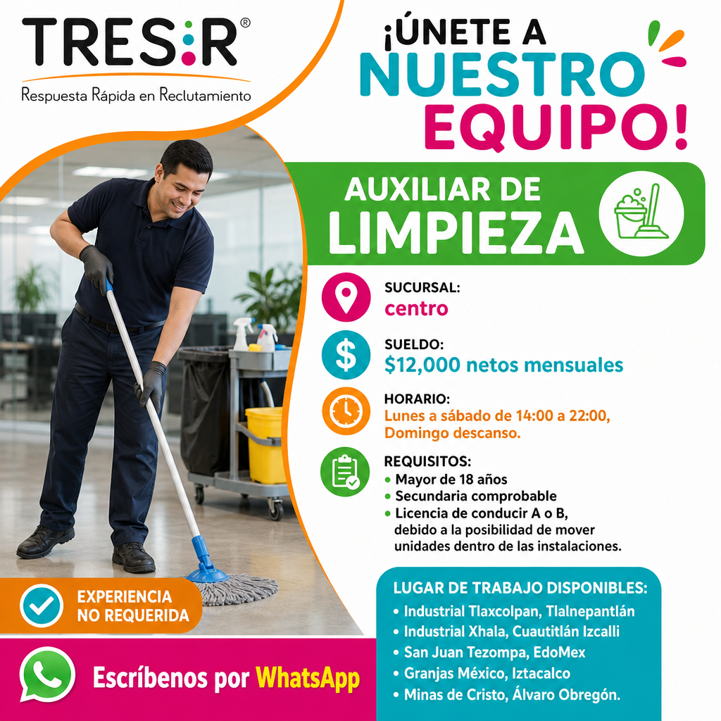 Vacante de Auxiliar de limpieza en Benito Juárez