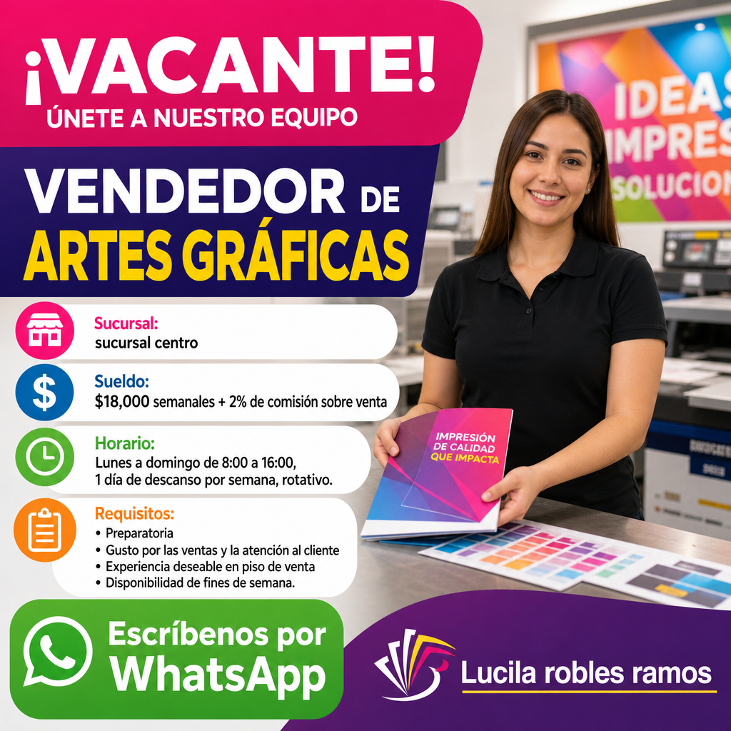 Vacante de Vendedor de artes graficas en Venustiano Carranza