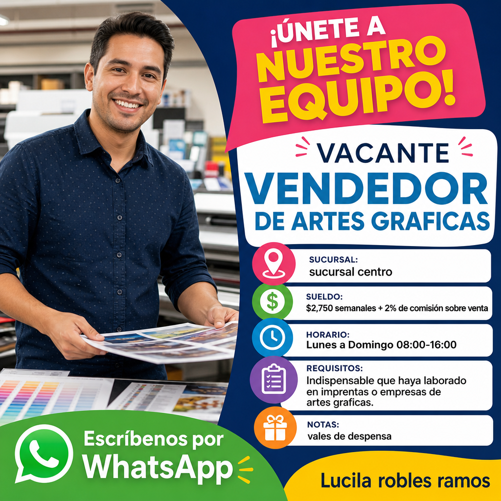 Vacante de Vendedor de artes graficas en Venustiano Carranza